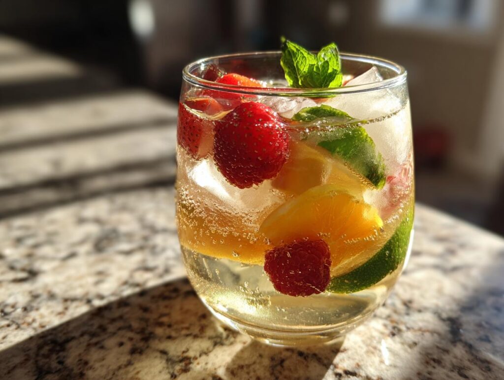 Close-up of a summer vodka cocktail with strawberries, raspberries, lime, and mint.