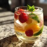Close-up of a summer vodka cocktail with strawberries, raspberries, lime, and mint.
