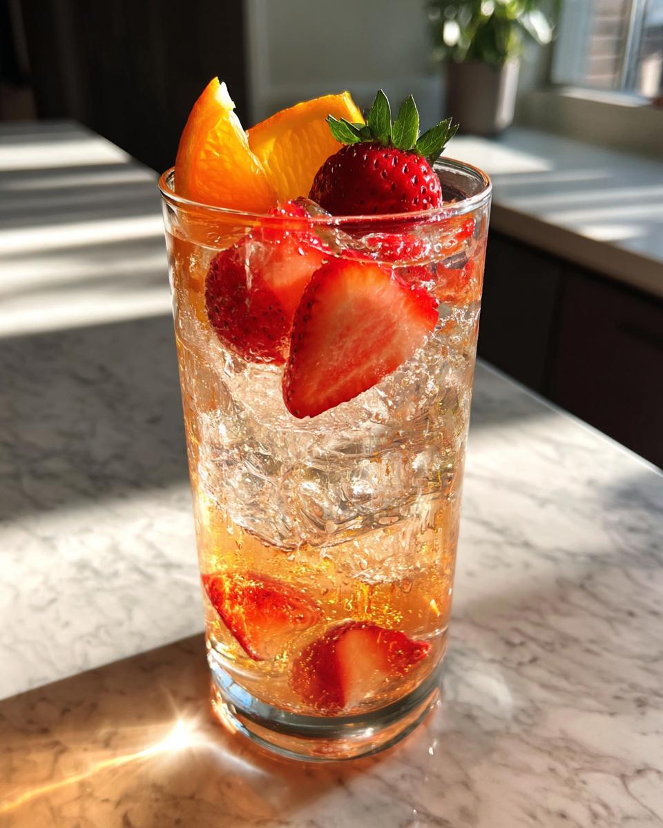 A vibrant summer vodka cocktail with strawberries and orange slices, perfect for warm weather.