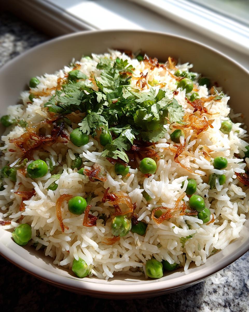 Close-up of Sweet Pea & Shallot Pulao in a bowl, garnished with cilantro and fried shallots.