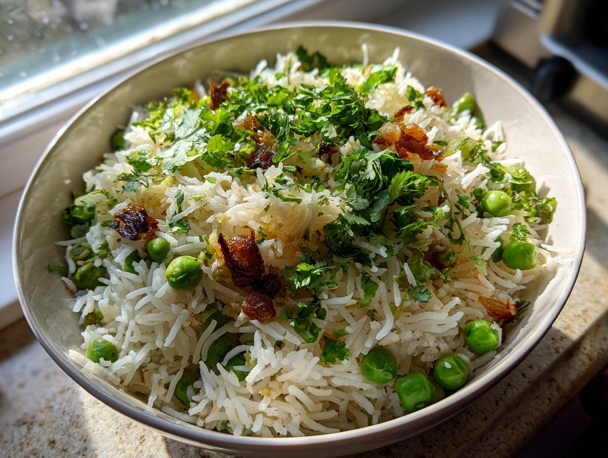 Overhead shot of a bowl of Sweet Pea & Shallot Pulao, garnished with fresh herbs and fried shallots.