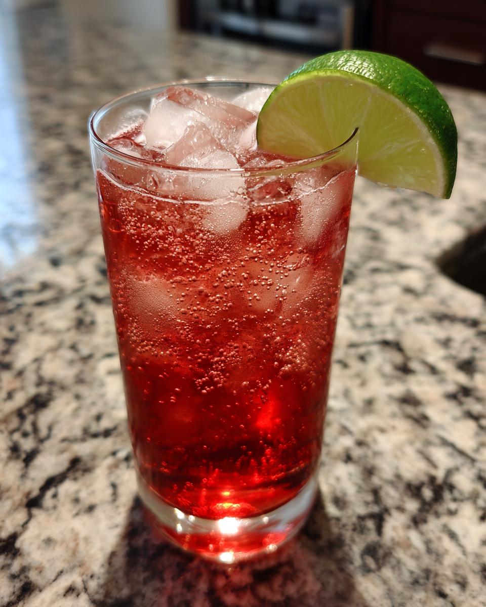 A tall glass of The Driveway Drink, a red beverage with ice and a lime wedge.