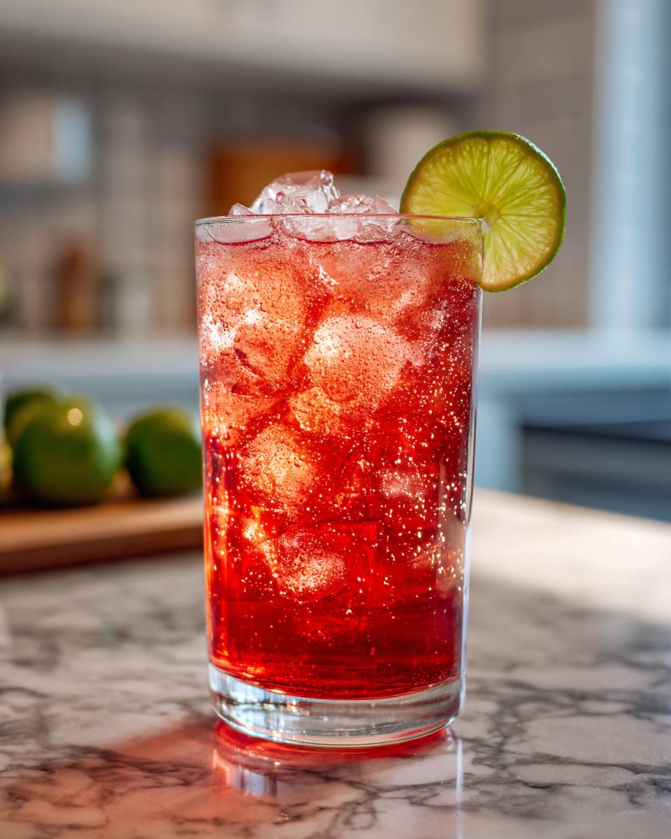 A vibrant red The Driveway Drink cocktail in a glass with ice and a lime slice.