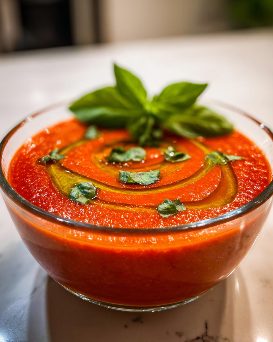 Close-up of Tomato Basil Gazpacho in a glass bowl, garnished with fresh basil and olive oil.