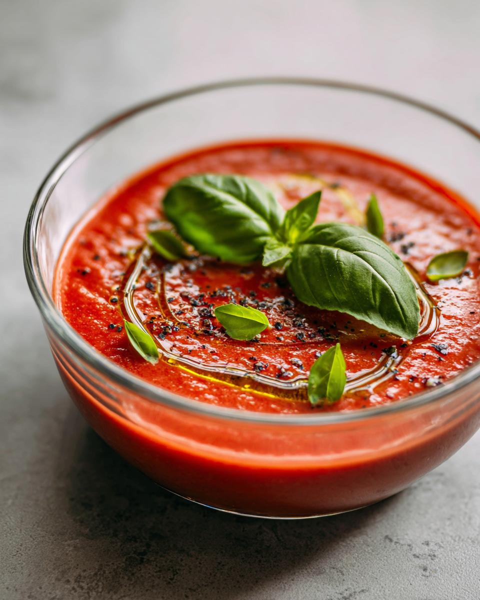 Close-up of a bowl of Tomato Basil Gazpacho, garnished with fresh basil leaves and olive oil.