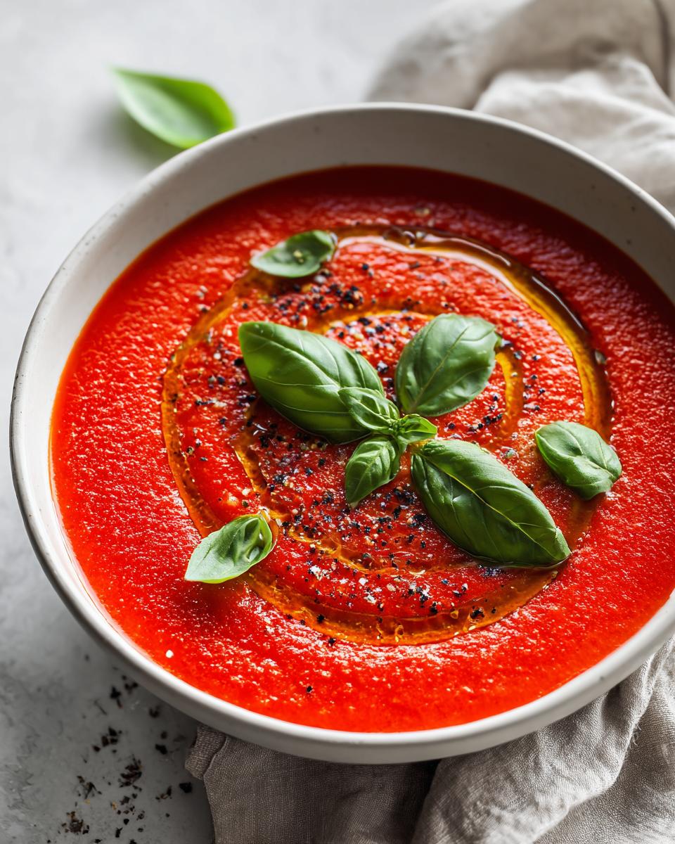 Close-up of a bowl of Tomato Basil Gazpacho, garnished with fresh basil leaves and a swirl of olive oil.