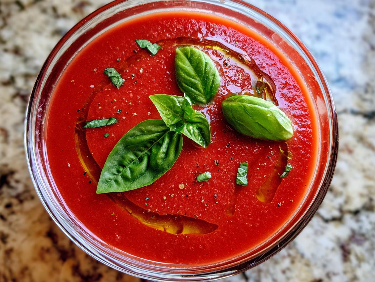 Overhead view of a glass of Tomato Basil Gazpacho, garnished with fresh basil leaves and a drizzle of olive oil.