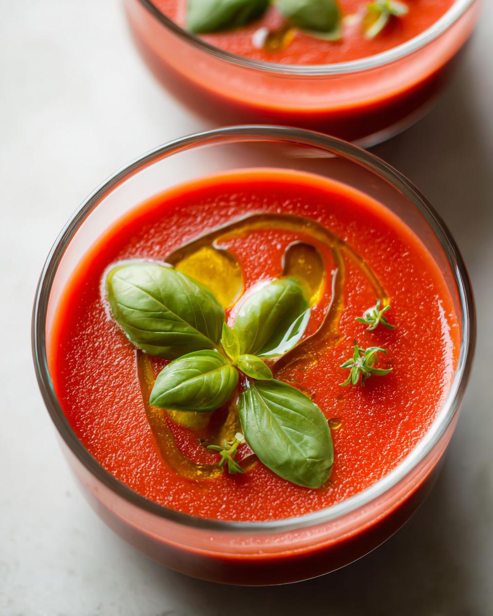 Close-up of Tomato Basil Gazpacho in glass bowls, garnished with fresh basil and olive oil.