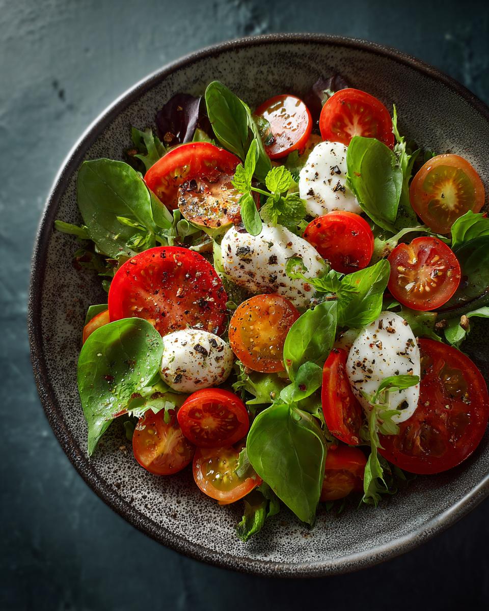 Close-up of a fresh salad with tomatoes, mozzarella, and basil. A perfect 29 Epic Salad Recipes.