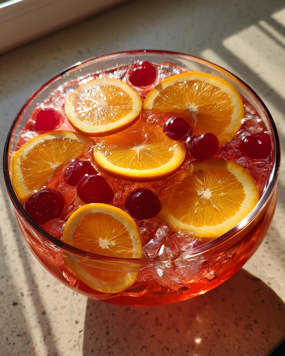 Close-up of a bowl of Vodka Party Punch with orange slices, cherries, and ice.