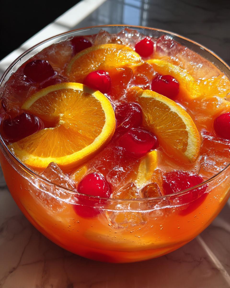 Close-up of a bowl of Vodka Party Punch with orange slices, cherries, and ice.