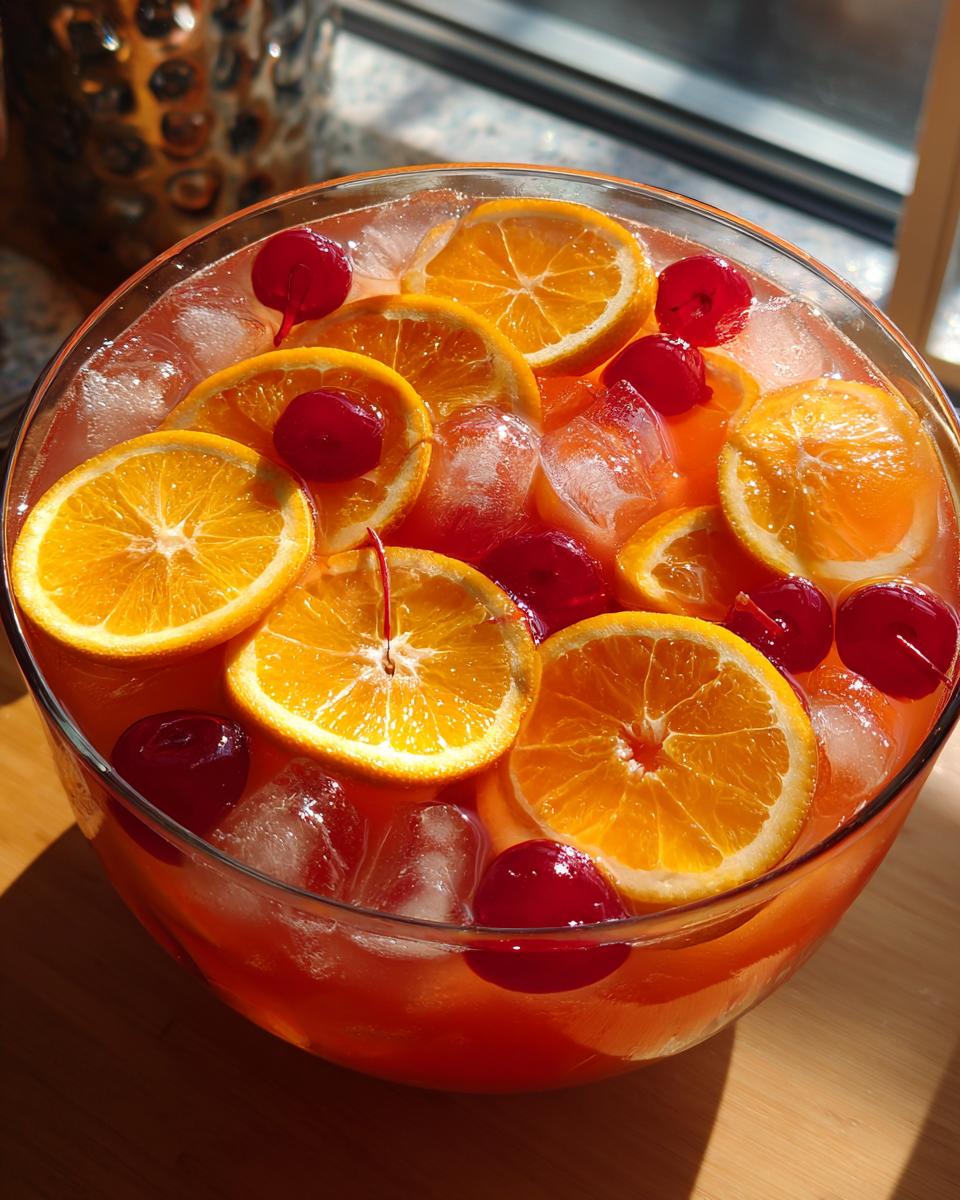 A vibrant bowl of Vodka Party Punch with orange slices, cherries, and ice.
