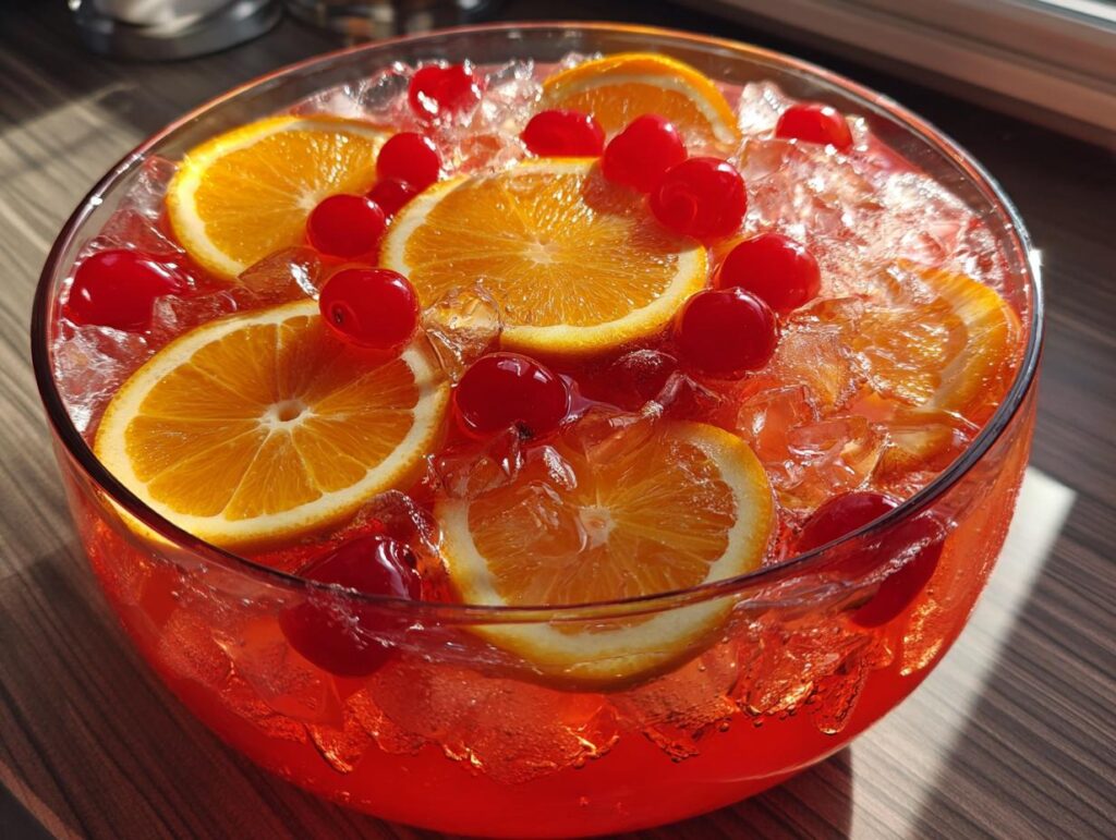 Close-up of a bowl of Vodka Party Punch with orange slices, cherries, and ice.