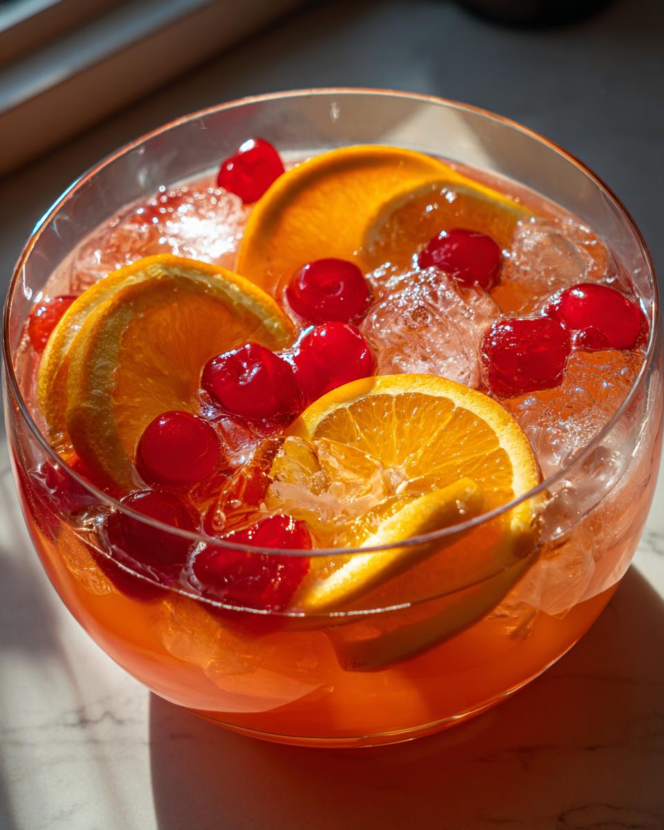 Close-up of a vibrant Vodka Party Punch with orange slices, cherries, and ice in a glass bowl.