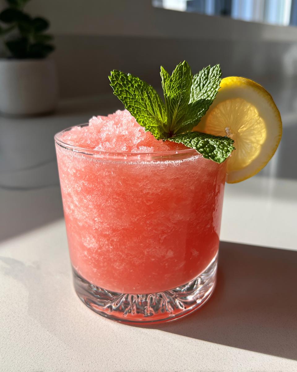 A vibrant Vodka Strawberry Lemonade Slushy garnished with mint and lemon slice.