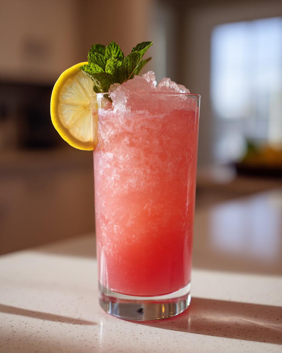 A tall glass of Vodka Strawberry Lemonade Slushy garnished with lemon and mint.