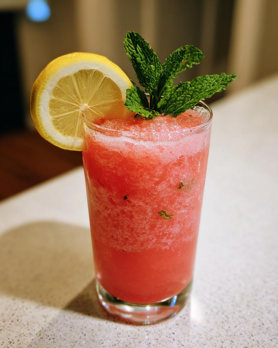 A tall glass of Vodka Strawberry Lemonade Slushy garnished with lemon and mint.
