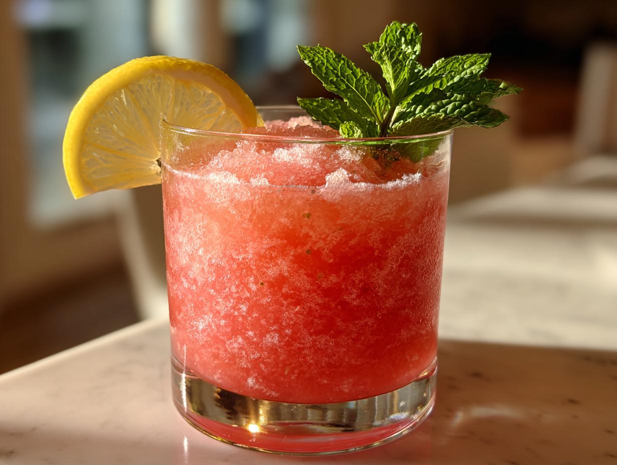 A vibrant Vodka Strawberry Lemonade Slushy garnished with lemon and mint, perfect for summer parties.