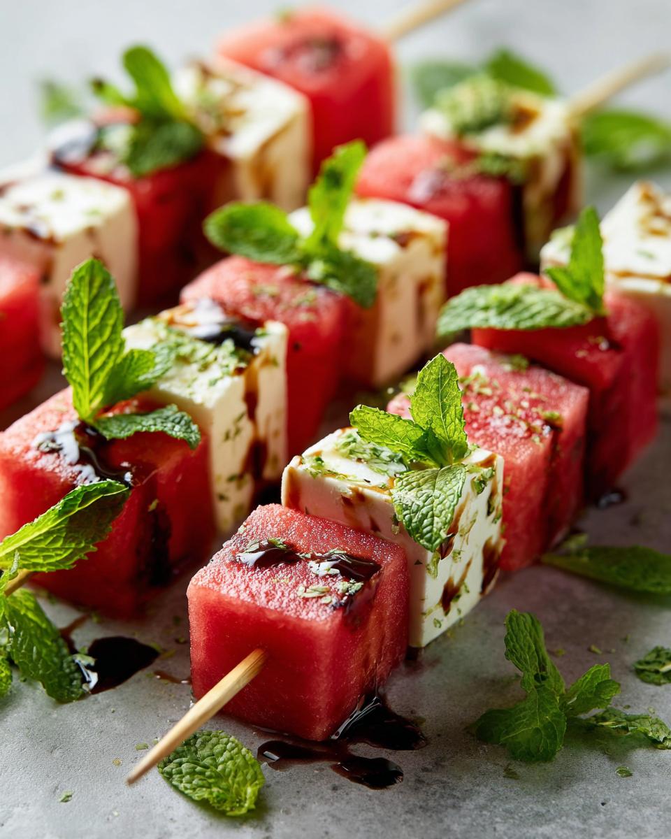 Close-up of Watermelon Feta Skewers with fresh mint and balsamic glaze, perfect summer appetizer.