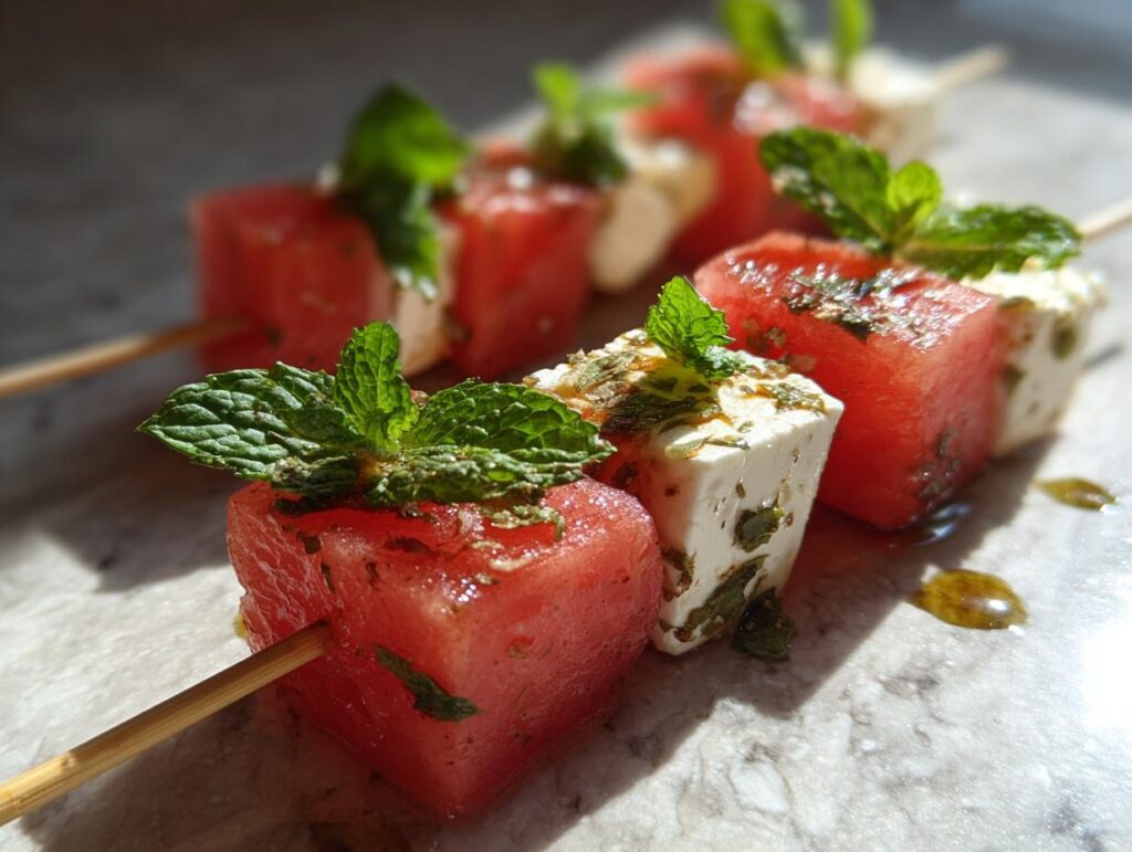 Close-up of Watermelon Feta Skewers garnished with fresh mint, a perfect summer appetizer.