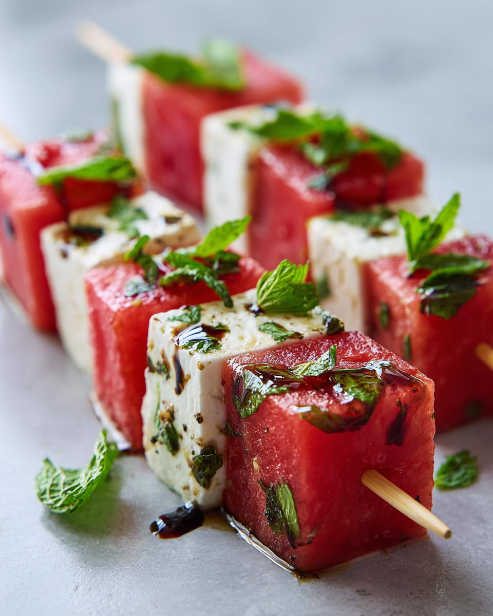 Close-up of Watermelon Feta Skewers with fresh mint and balsamic glaze, perfect for summer.
