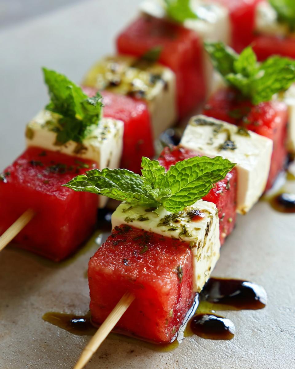 Close-up of Watermelon Feta Skewers with fresh mint and balsamic glaze.