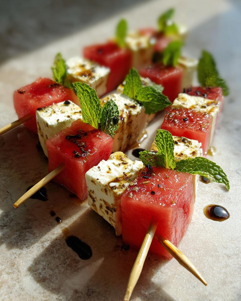 Close-up of Watermelon Feta Skewers garnished with fresh mint and balsamic glaze.