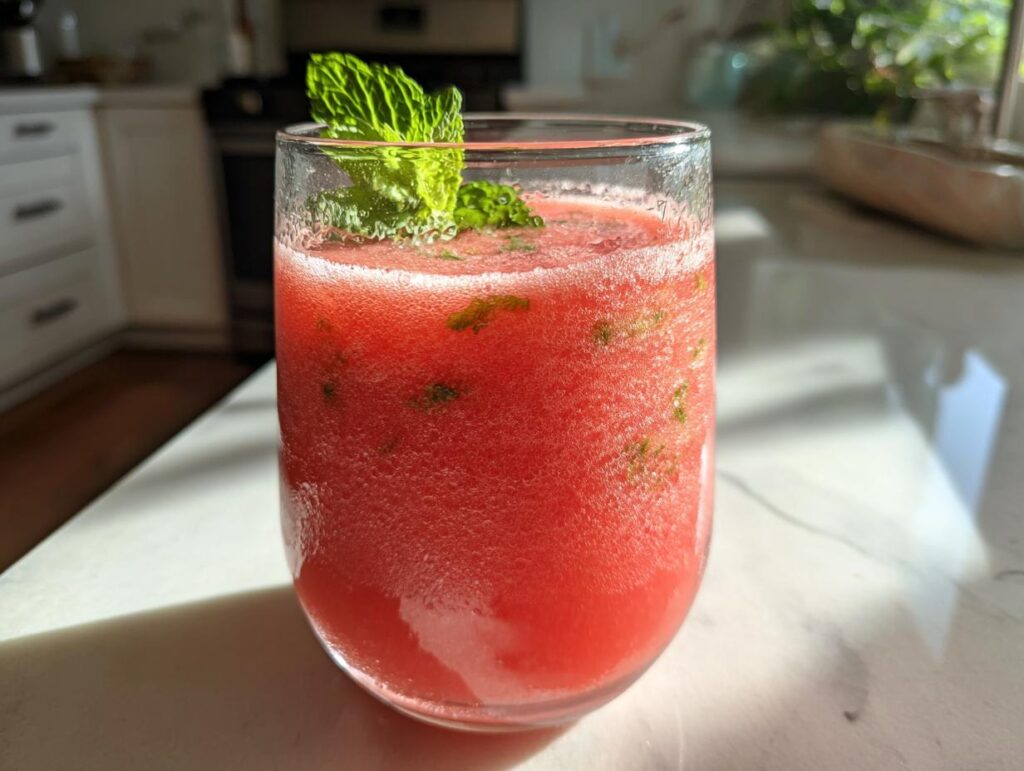 Glass of fresh Watermelon Mint Agua Fresca garnished with mint leaves, a perfect summer drink.