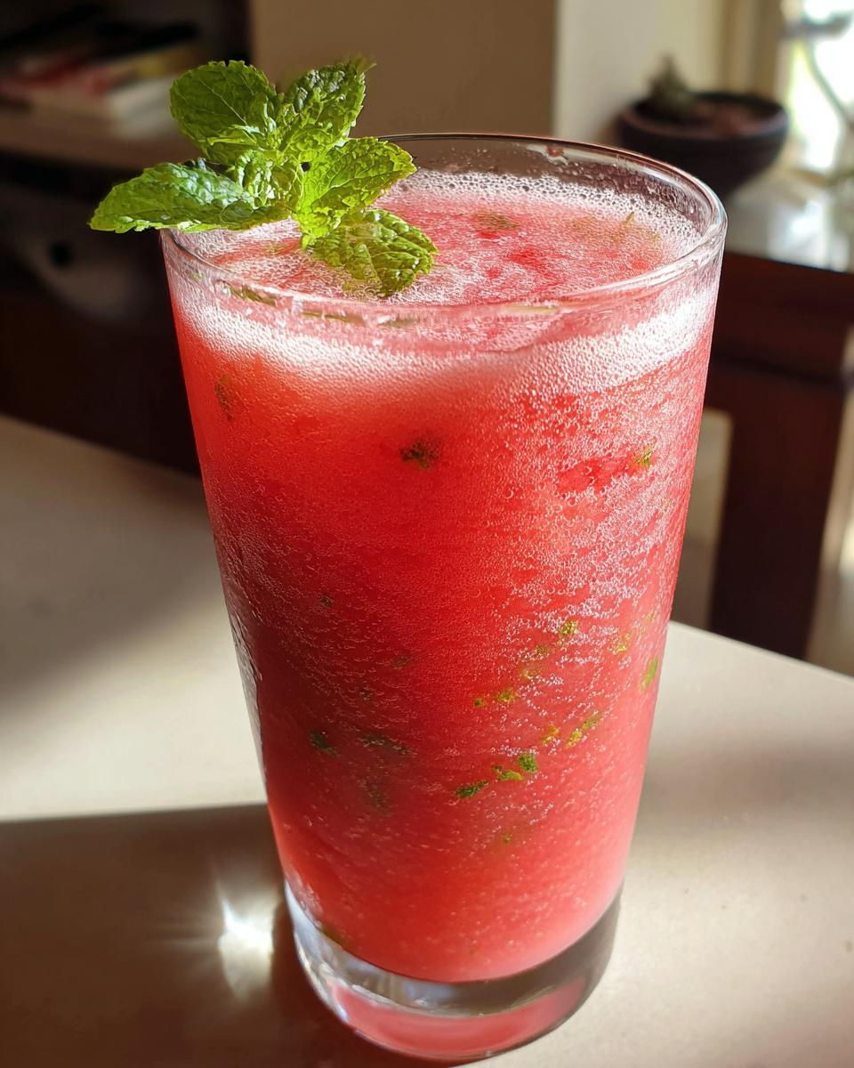 A tall glass of Watermelon Mint Agua Fresca garnished with fresh mint leaves.