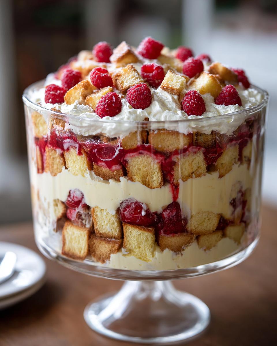 A layered White Chocolate Raspberry Trifle in a glass trifle bowl, topped with fresh raspberries and whipped cream.