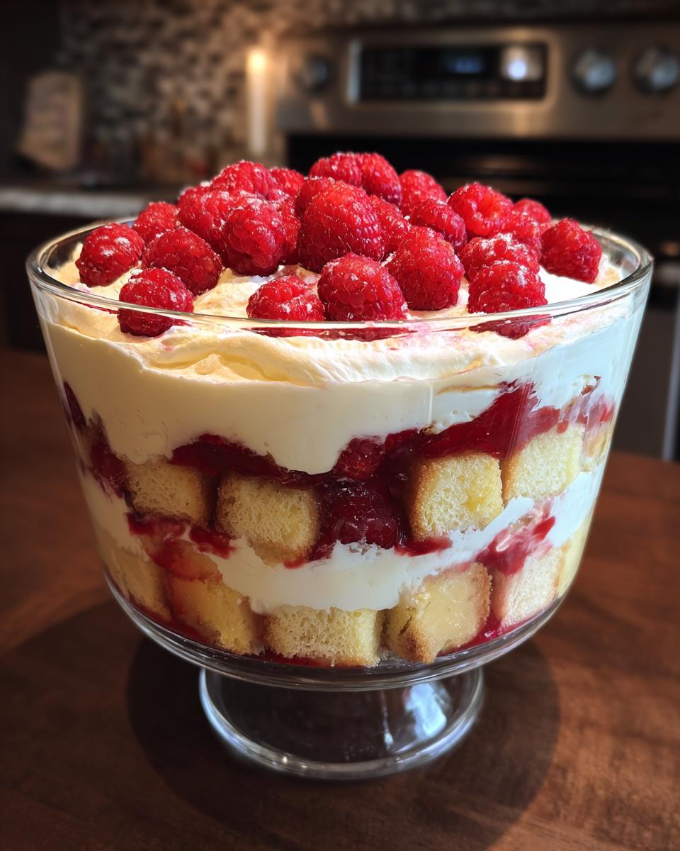A layered White Chocolate Raspberry Trifle in a glass bowl, topped with fresh raspberries.