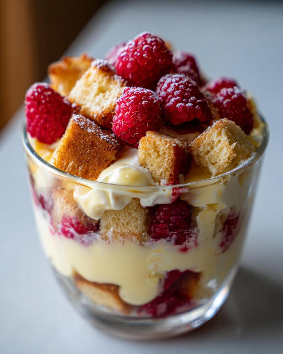 Close-up of a White Chocolate Raspberry Trifle in a glass, with layers of cake, custard, and fresh raspberries.