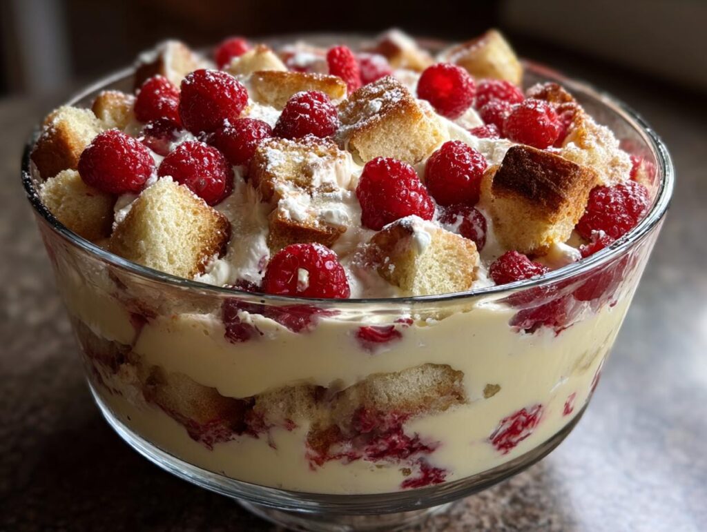 A layered White Chocolate Raspberry Trifle in a glass bowl, with fresh raspberries and cake.