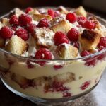 A layered White Chocolate Raspberry Trifle in a glass bowl, with fresh raspberries and cake.