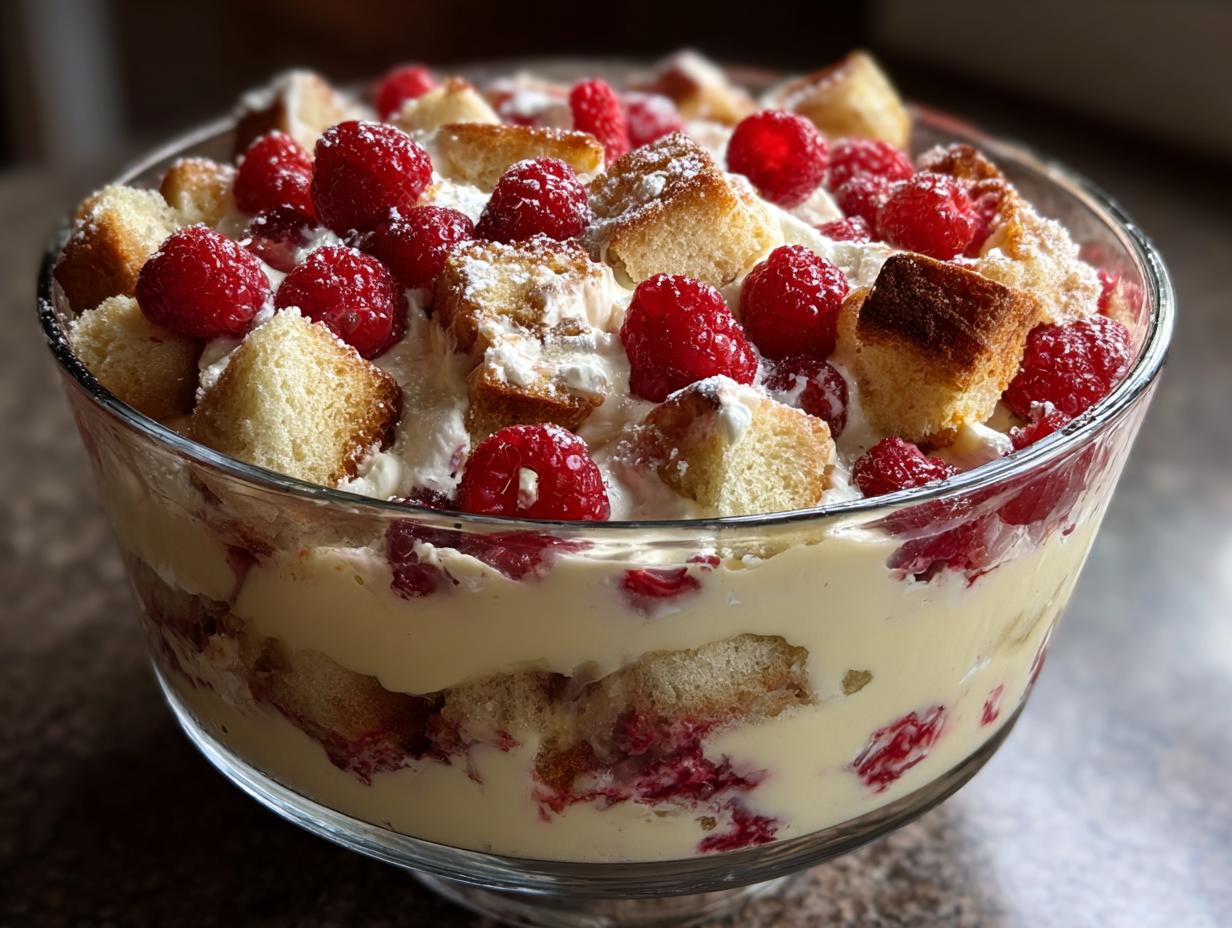 A layered White Chocolate Raspberry Trifle in a glass bowl, with fresh raspberries and cake.