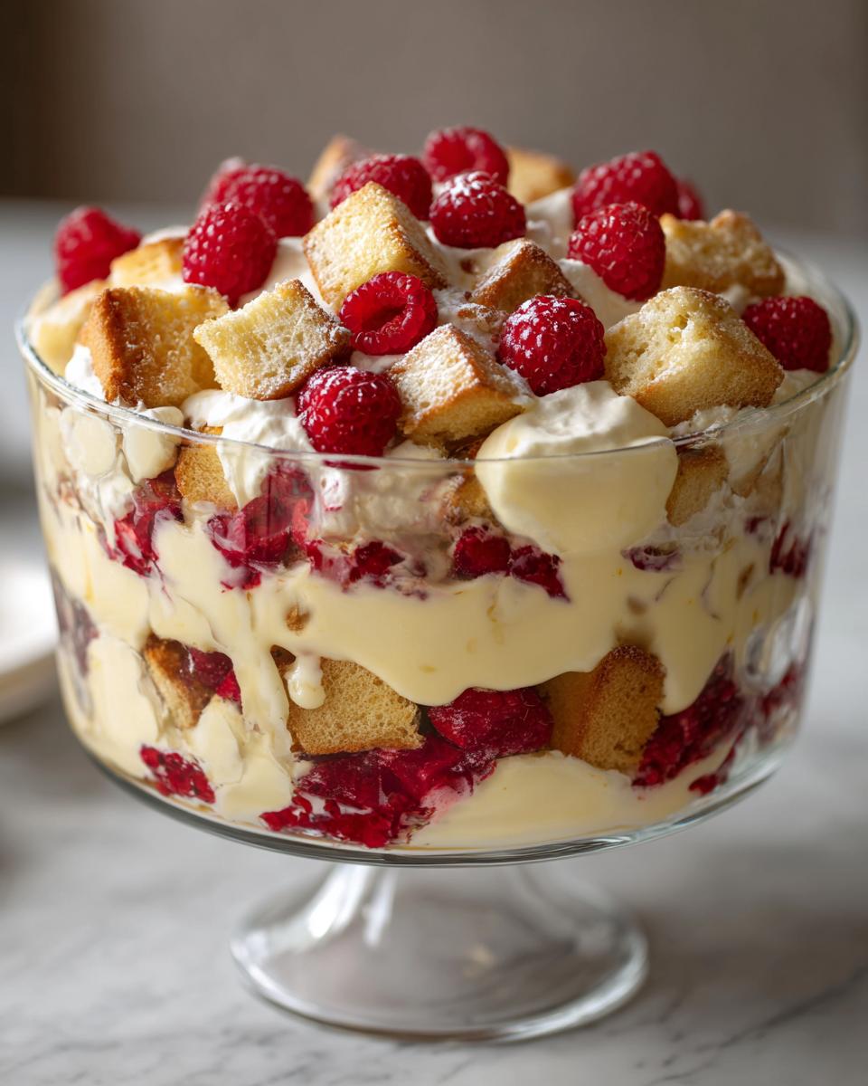A layered White Chocolate Raspberry Trifle in a glass bowl, topped with raspberries and cake.
