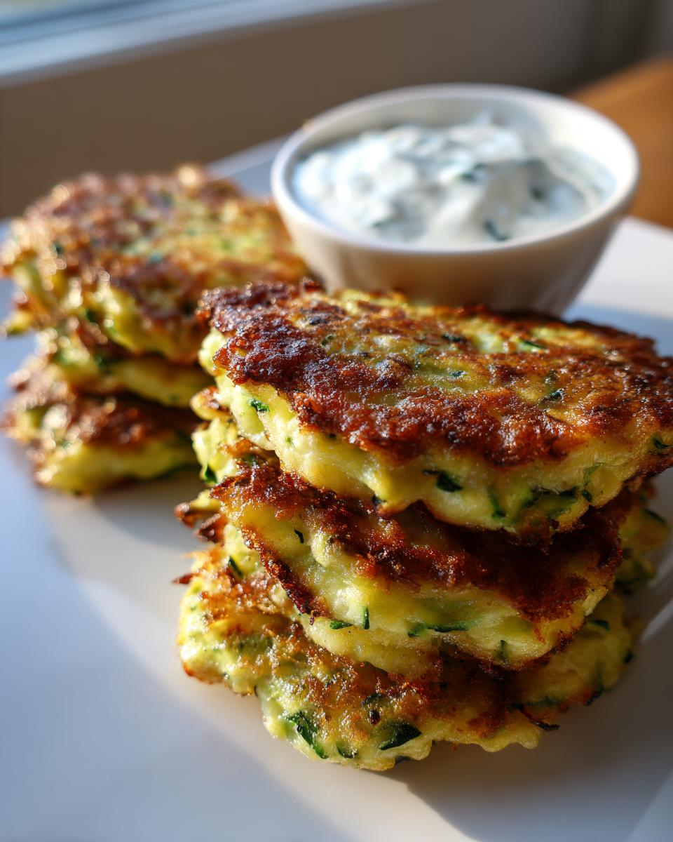 Stack of golden-brown Zucchini Fritters with a side of Tzatziki sauce.