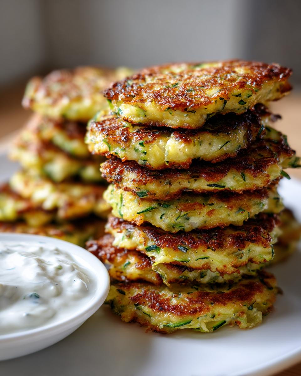A stack of crispy Zucchini Fritters with a side of creamy Tzatziki sauce, perfect for a delicious meal.