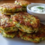Pile of golden-brown Zucchini Fritters served with a side of creamy Tzatziki.
