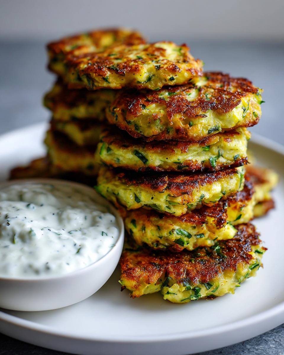 A stack of golden-brown Zucchini Fritters with a side of creamy Tzatziki.