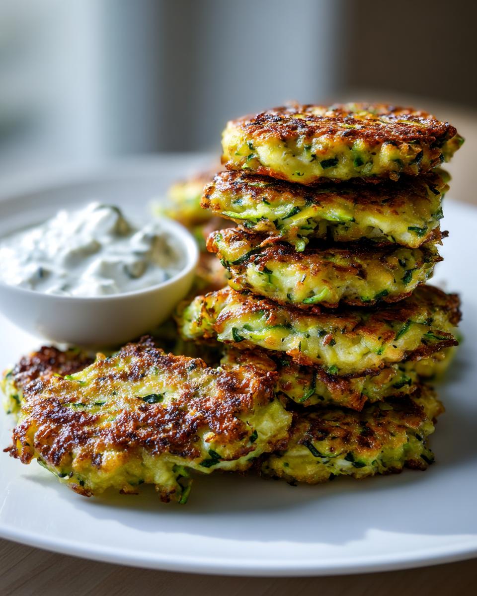 Stack of crispy golden Zucchini Fritters served with a side of creamy Tzatziki sauce.