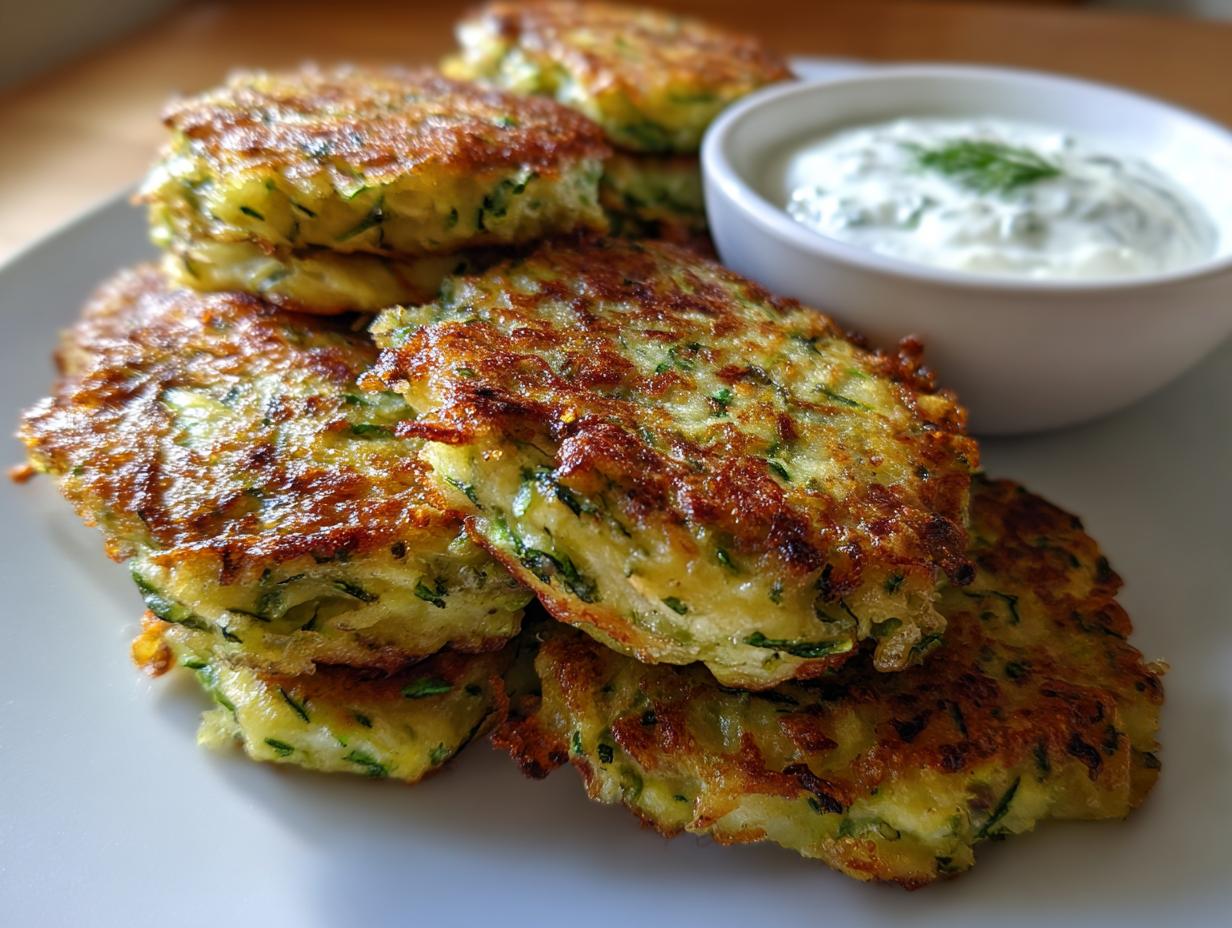 Pile of golden-brown Zucchini Fritters served with a side of creamy Tzatziki.