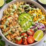 Grilled Chicken Avocado Quinoa Bowl with Corn, Lime & Creamy Cilantro Dressing