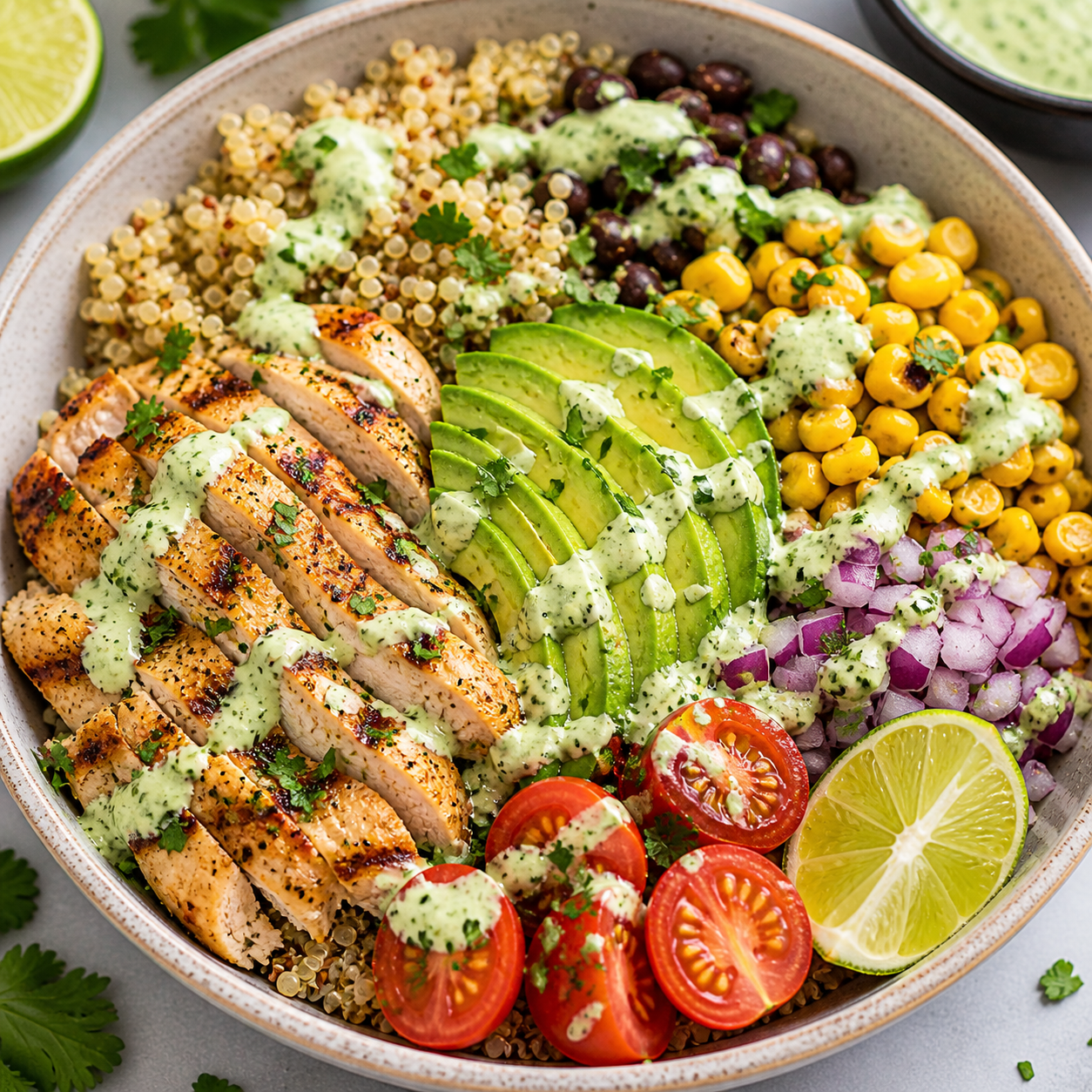 Grilled Chicken Avocado Quinoa Bowl with Corn, Lime & Creamy Cilantro Dressing