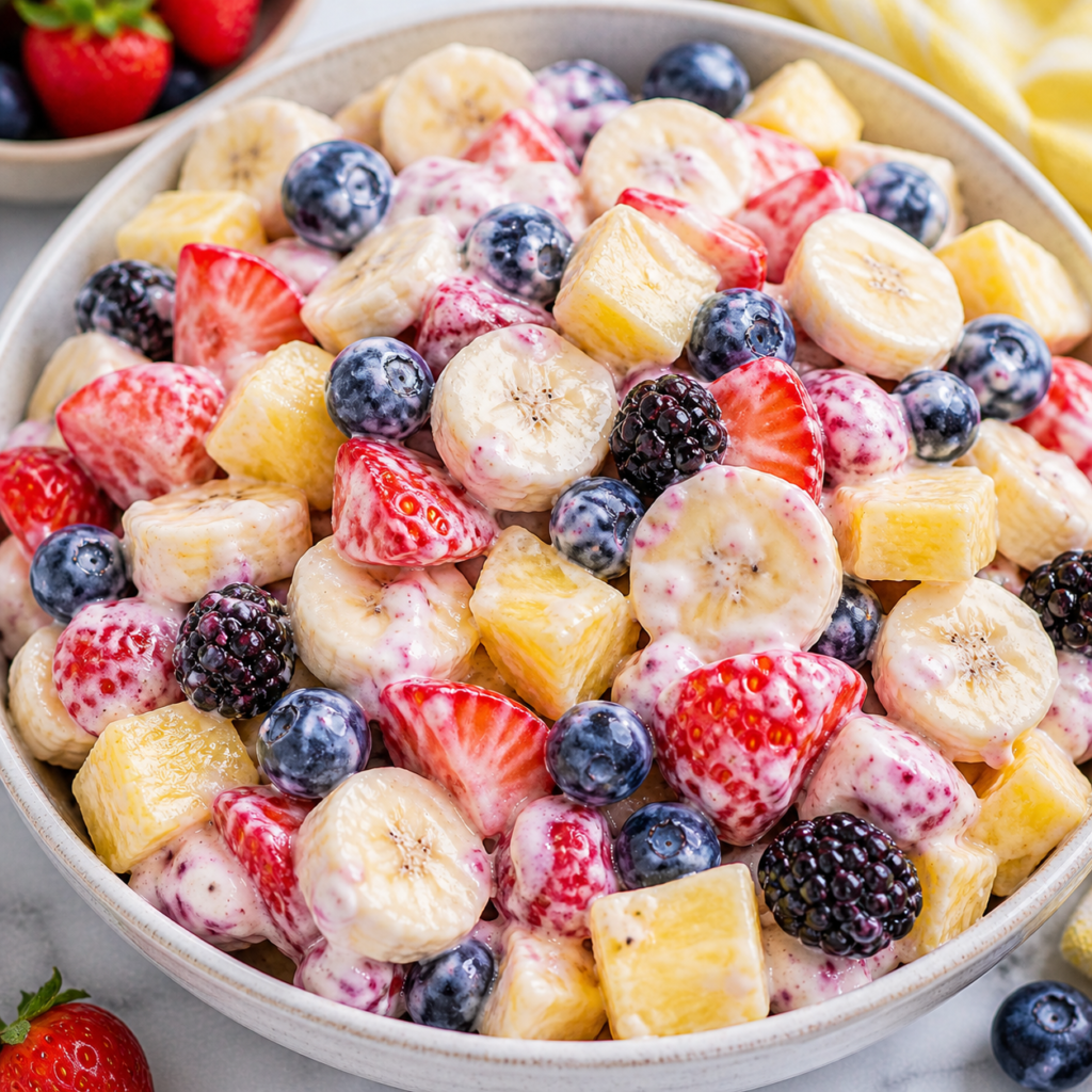 Creamy Berry Banana Fruit Salad with Pineapple & Yogurt Dressing